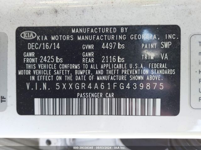 5XXGR4A61FG439875 KIA Optima Sxl Turbo