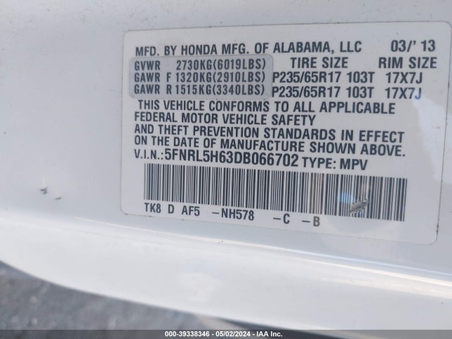 Aukcja sprzedaży 2013 Honda Odyssey Ex-l, vin: 5FNRL5H63DB066702, numer aukcji: 39338346
