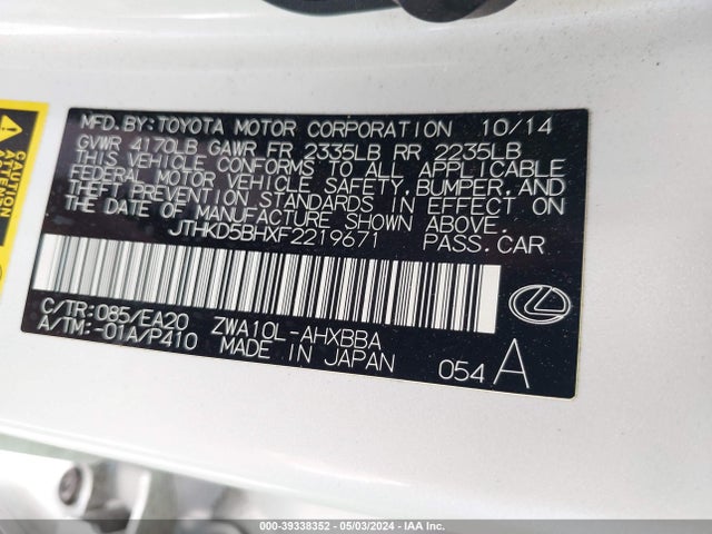 JTHKD5BHXF2219671 Lexus CT 200H