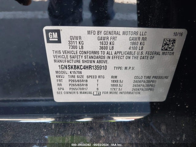 Chevrolet Tahoe Lt 2017 1GNSKBKC4HR135910 Image 9
