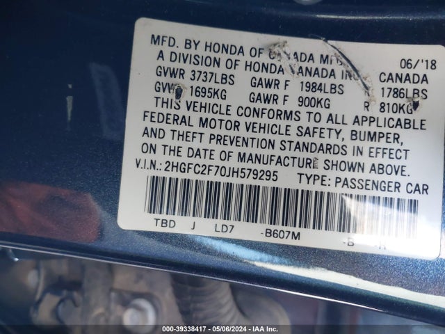 Honda CIVIC EX 2018 2HGFC2F70JH579295 Image 9