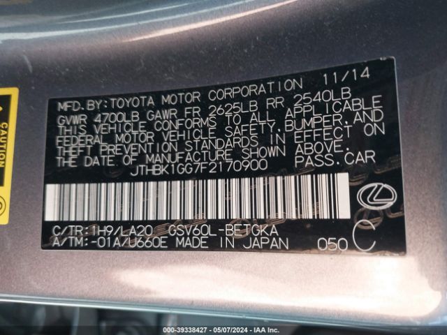 JTHBK1GG7F2170900 Lexus ES 350