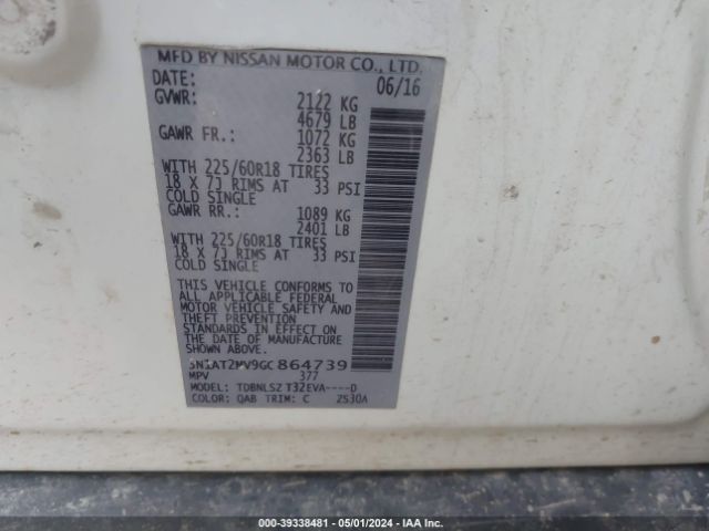 5N1AT2MV9GC864739 Nissan Rogue Sl
