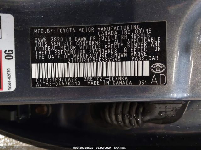 2T1BURHE9FC382545 Toyota Corolla Le Premium