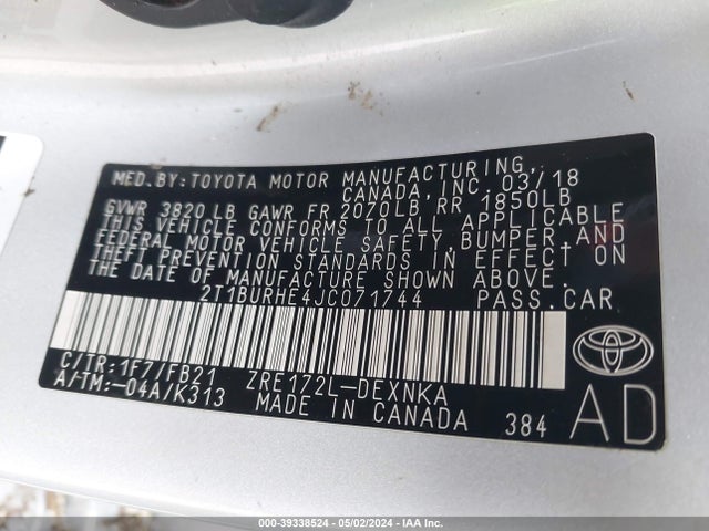 Toyota COROLLA LE 2018 2T1BURHE4JC071744 Image 9