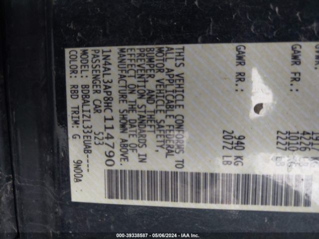 1N4AL3AP8HC114790 Nissan Altima 2.5/2.5 S/2.5 Sl/2.5 Sr/2.5 Sv