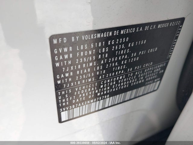 3VV3B7AX2NM075798 Volkswagen Tiguan 2.0t Se