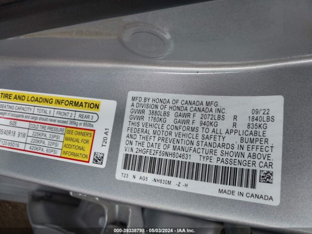 2HGFE2F59NH604631 Honda Civic Sport