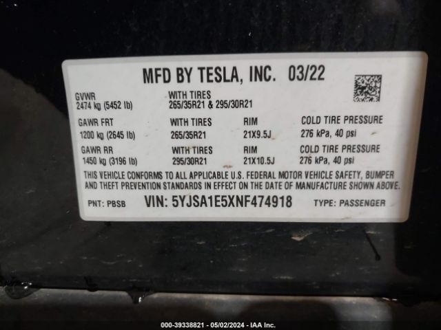 5YJSA1E5XNF474918 Tesla Model S Dual Motor All-wheel Drive