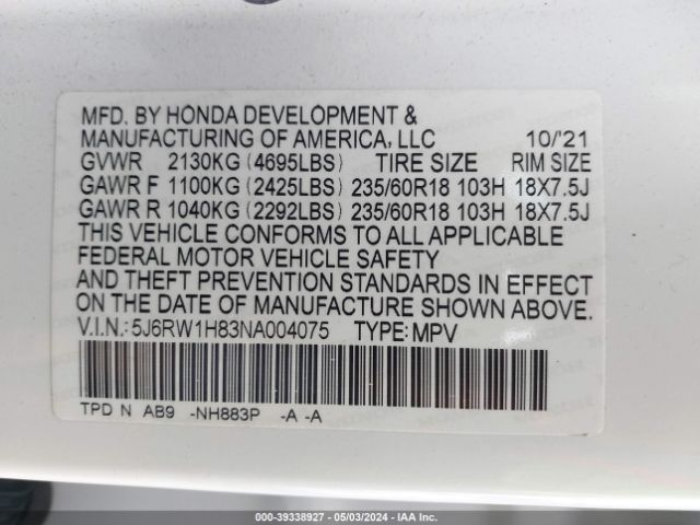 5J6RW1H83NA004075 Honda Cr-v 2wd Ex-l
