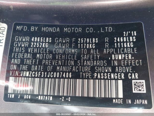 JHMZC5F31JC007406 Honda Clarity Plug-in Hybrid Touring
