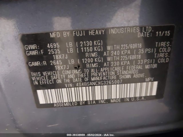 Subaru Outback 2.5i Limited 2016 4S4BSANCXG3265007 Image 9