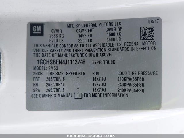 Chevrolet Colorado Wt 2018 1GCHSBEN4J1113748 Image 9