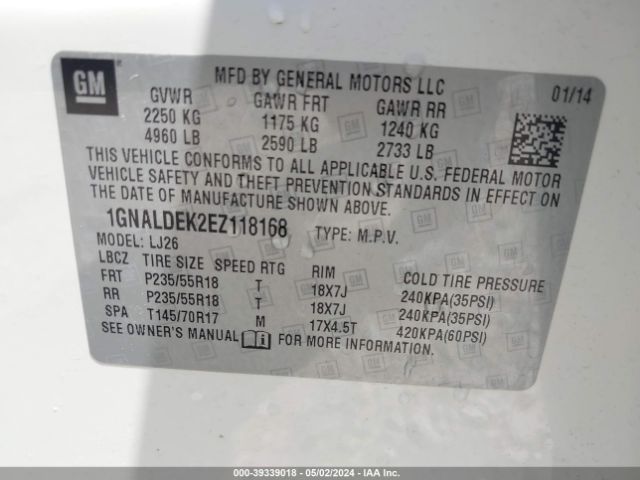 1GNALDEK2EZ118168 Chevrolet Equinox Ltz