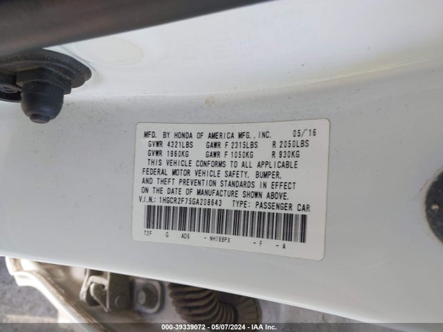 Honda ACCORD EX 2016 1HGCR2F75GA208643 Image 9