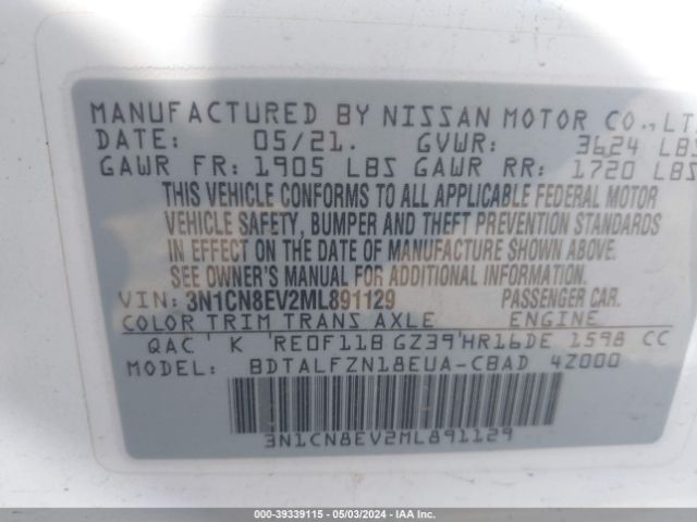 3N1CN8EV2ML891129 Nissan Versa Sv Xtronic Cvt
