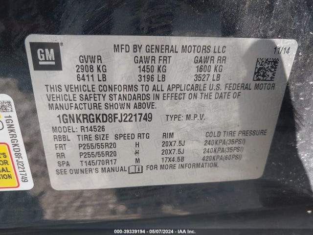 Chevrolet Traverse 1lt 2015 1GNKRGKD8FJ221749 Image 9