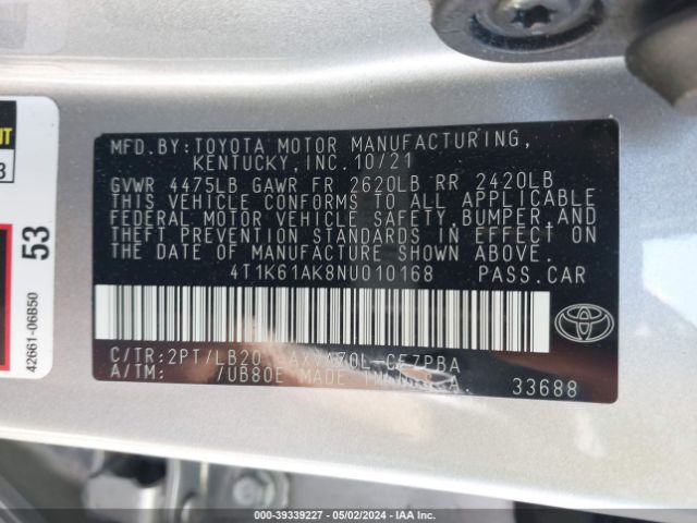 4T1K61AK8NU010168 Toyota CAMRY XSE