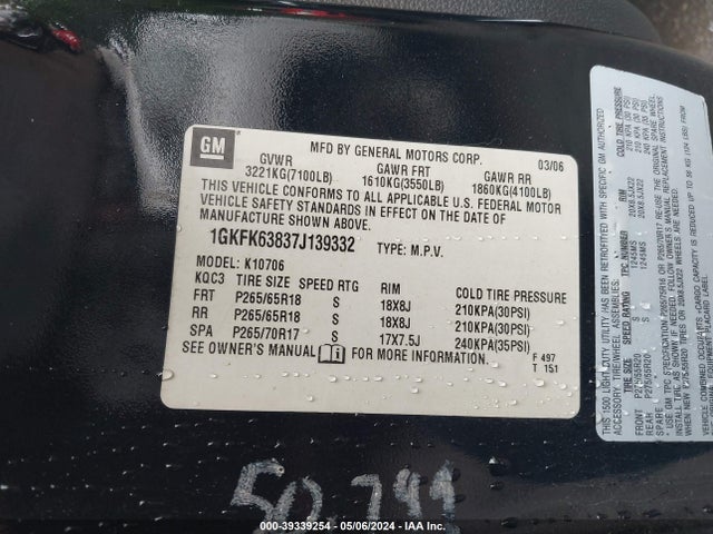 Aukcja sprzedaży 2007 Gmc Yukon Denali, vin: 1GKFK63837J139332, numer aukcji: 39339254