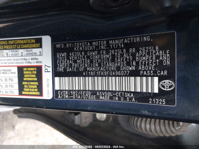 Toyota CAMRY SE 2015 4T1BF1FK9FU496077 Image 9
