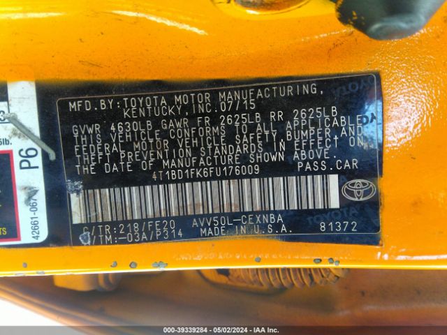4T1BD1FK6FU176009 Toyota Camry Hybrid Le