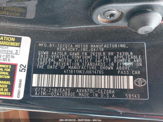 Toyota CAMRY SE 2018 4T1B11HK2JU614765 Image 9