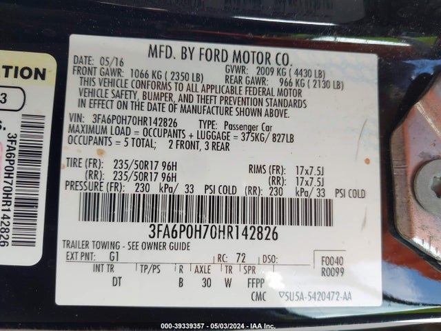 2017 Ford Fusion Se მანქანა იყიდება აუქციონზე, vin: 3FA6P0H70HR142826, აუქციონის ნომერი: 39339357