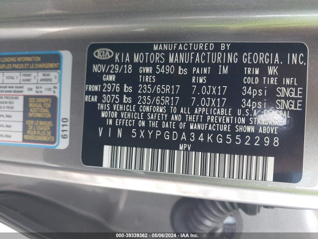KIA Sorento 2.4l Lx 2019 5XYPGDA34KG552298 Image 9