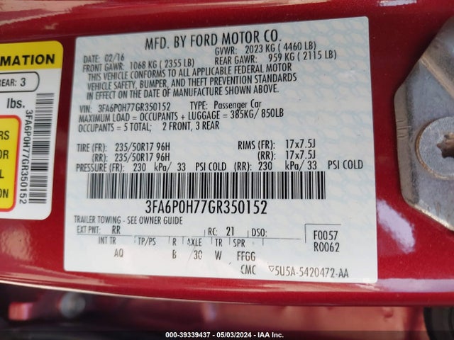 Ford FUSION SE 2016 3FA6P0H77GR350152 Image 9