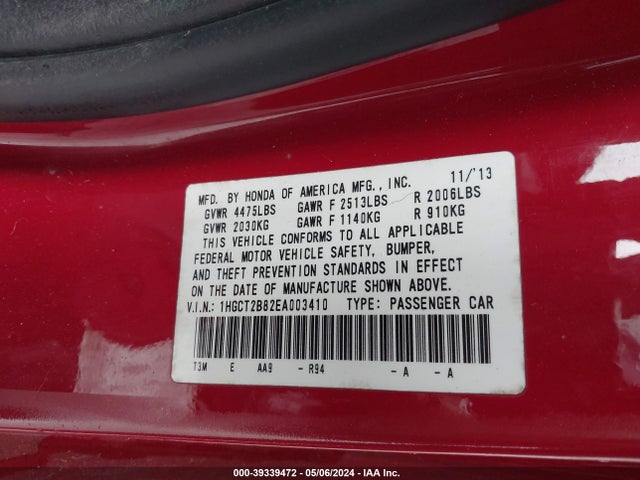 Honda Accord Ex-l V-6 2014 1HGCT2B82EA003410 Image 9