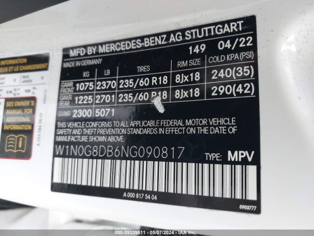 W1N0G8DB6NG090817 Mercedes-Benz Glc 300 Suv