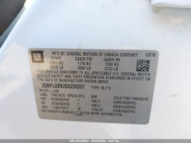 Chevrolet Equinox Ltz 2016 2GNFLGEK2G6290397 Image 9
