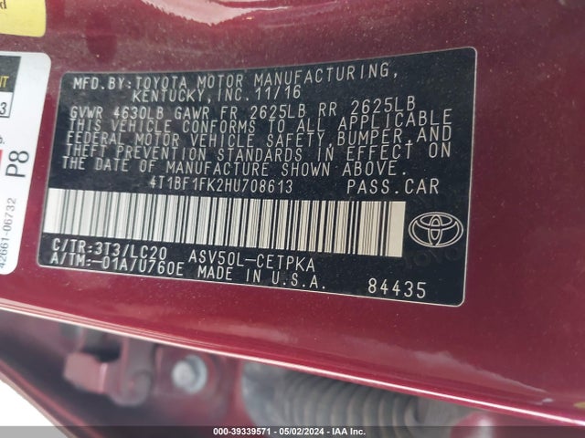 Toyota CAMRY XSE 2017 4T1BF1FK2HU708613 Image 9