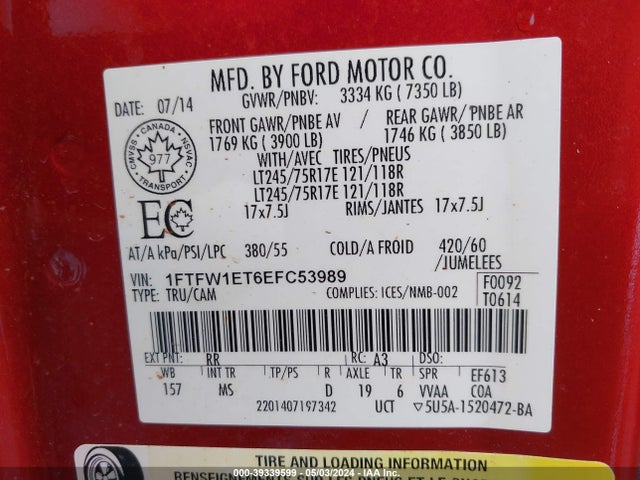 Ford F-150 Xlt 2014 1FTFW1ET6EFC53989 Image 9