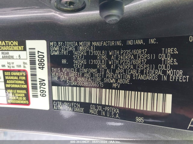 2011 Toyota Sienna Le V6 მანქანა იყიდება აუქციონზე, vin: 5TDKK3DC8BS066515, აუქციონის ნომერი: 39339631