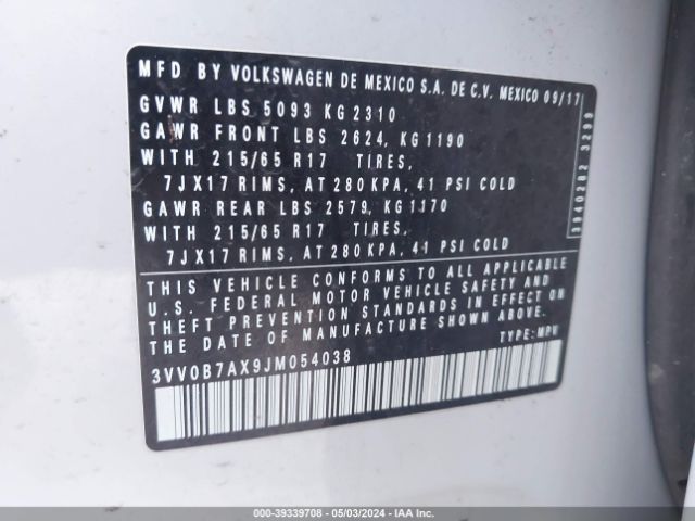 3VV0B7AX9JM054038 Volkswagen Tiguan 2.0t S