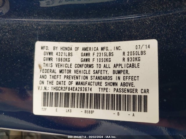 Honda Accord Ex-l 2014 1HGCR2F84EA293674 Image 9