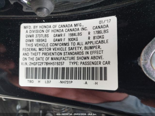 2HGFC2F78HH519257 Honda CIVIC EX