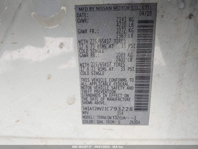 Nissan ROGUE SV 2018 5N1AT2MV2JC793228 Image 9