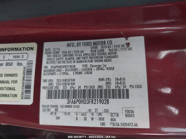 Ford FUSION SE 2015 3FA6P0HD3FR219028 Image 9