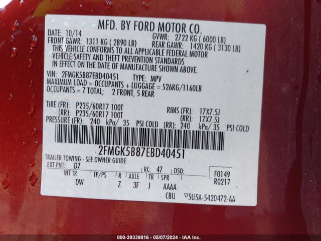 Ford FLEX SE 2014 2FMGK5B87EBD40451 Image 9