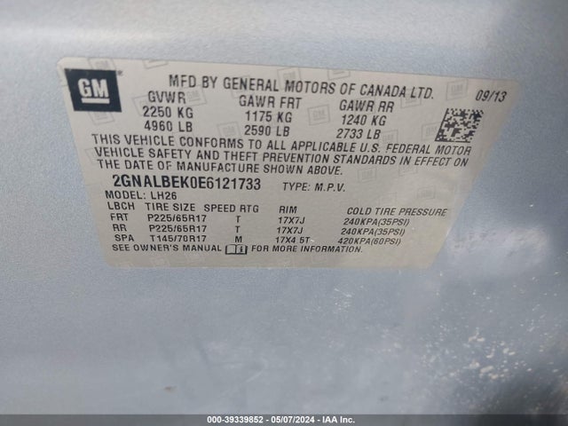 Chevrolet EQUINOX 1LT 2014 2GNALBEK0E6121733 Image 9