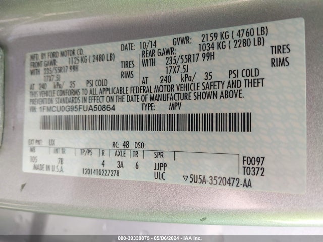 Ford ESCAPE SE 2015 1FMCU0G95FUA50864 Image 9