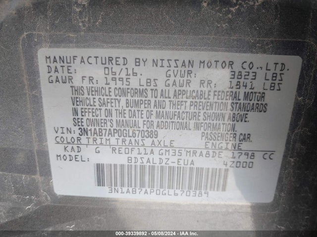 Nissan SENTRA SV 2016 3N1AB7AP0GL670389 Image 9