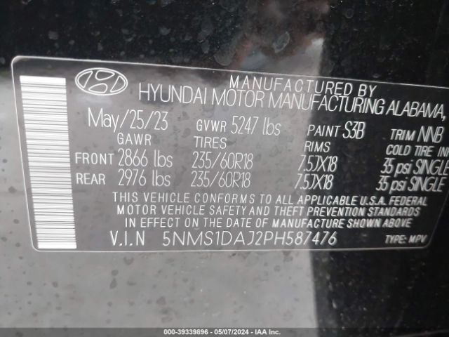 5NMS1DAJ2PH587476 Hyundai Santa Fe Se