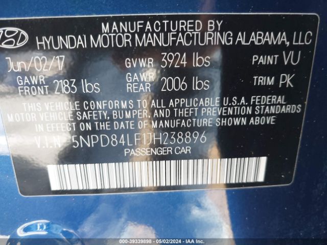 5NPD84LF1JH238896 Hyundai ELANTRA SEL