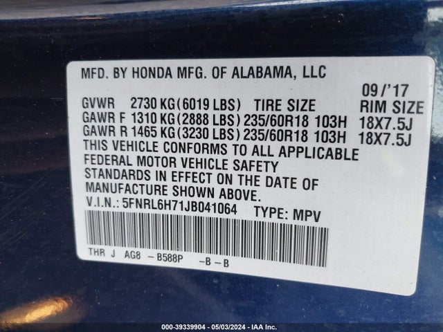 Honda Odyssey Ex-l 2018 5FNRL6H71JB041064 Image 9