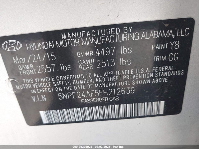 Hyundai SONATA SE 2015 5NPE24AF5FH212639 Image 9