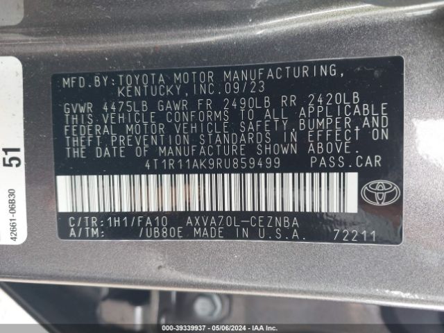 4T1R11AK9RU859499 Toyota CAMRY LE