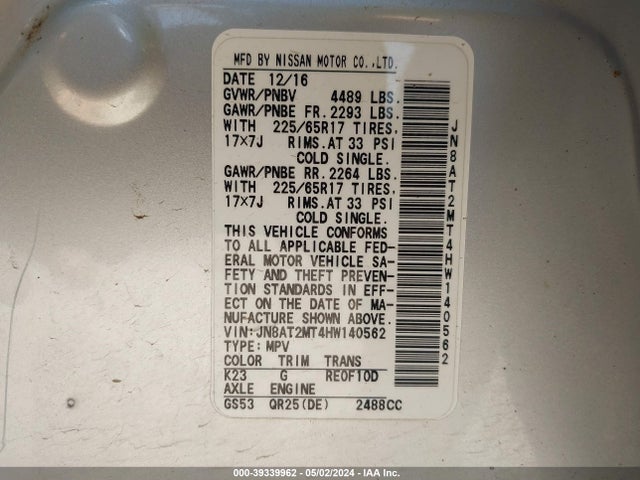 Nissan ROGUE S 2017 JN8AT2MT4HW140562 Image 9